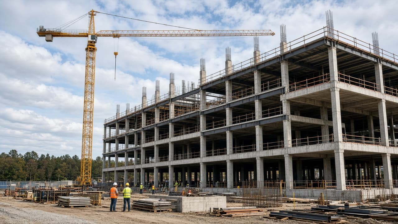 General construction site with steel and concrete framing
