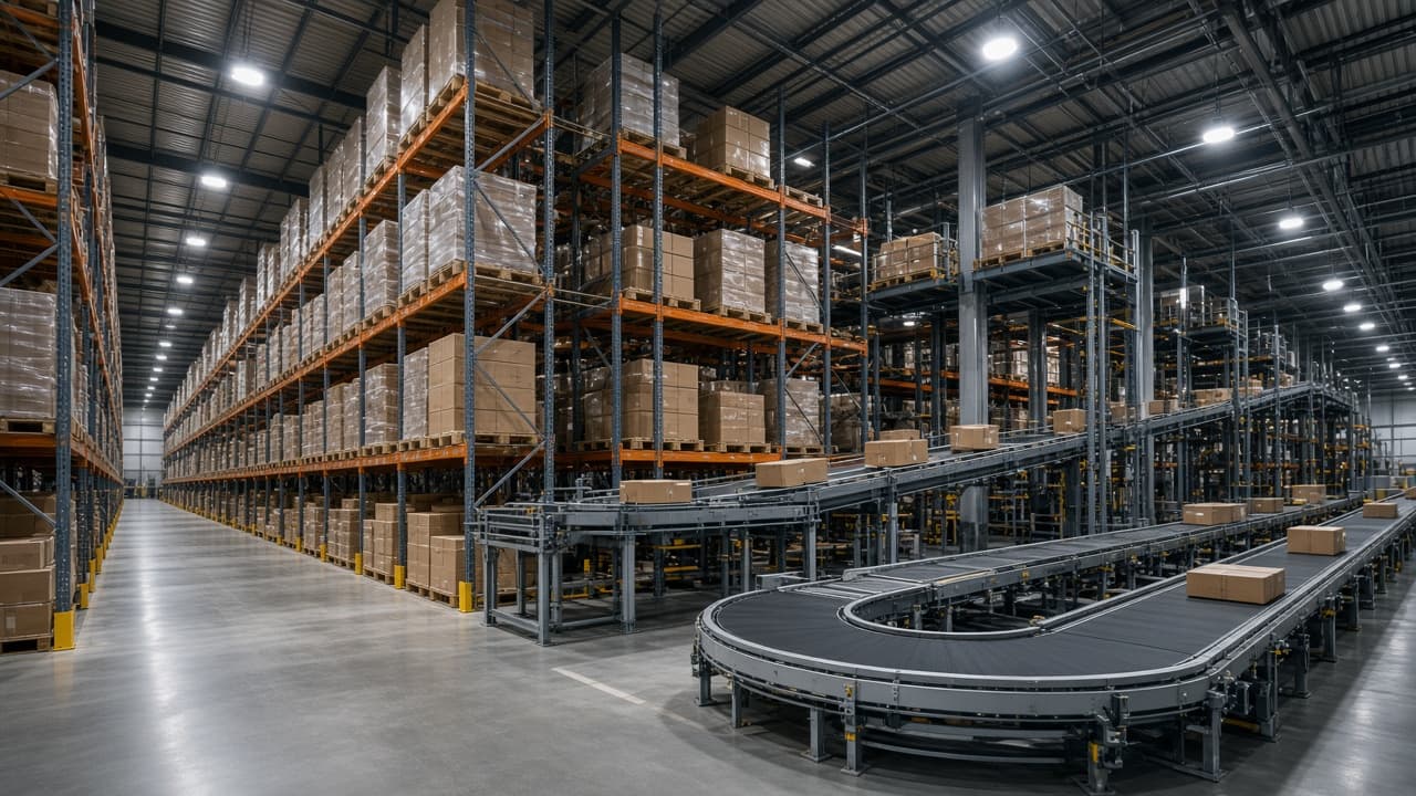 Logistics fulfillment center with high-bay racking